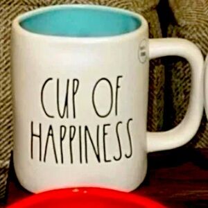 NWT Rae Dunn CUP OF HAPPINESS 3D Blue Interior Flower Ceramic Coffee Tea Mug Cup